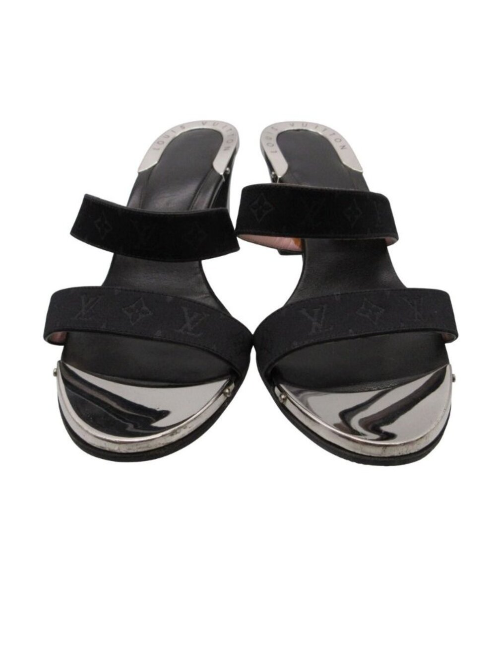 Louis Vuitton Sandals Monogram Logo Strap Heels Shoes Black